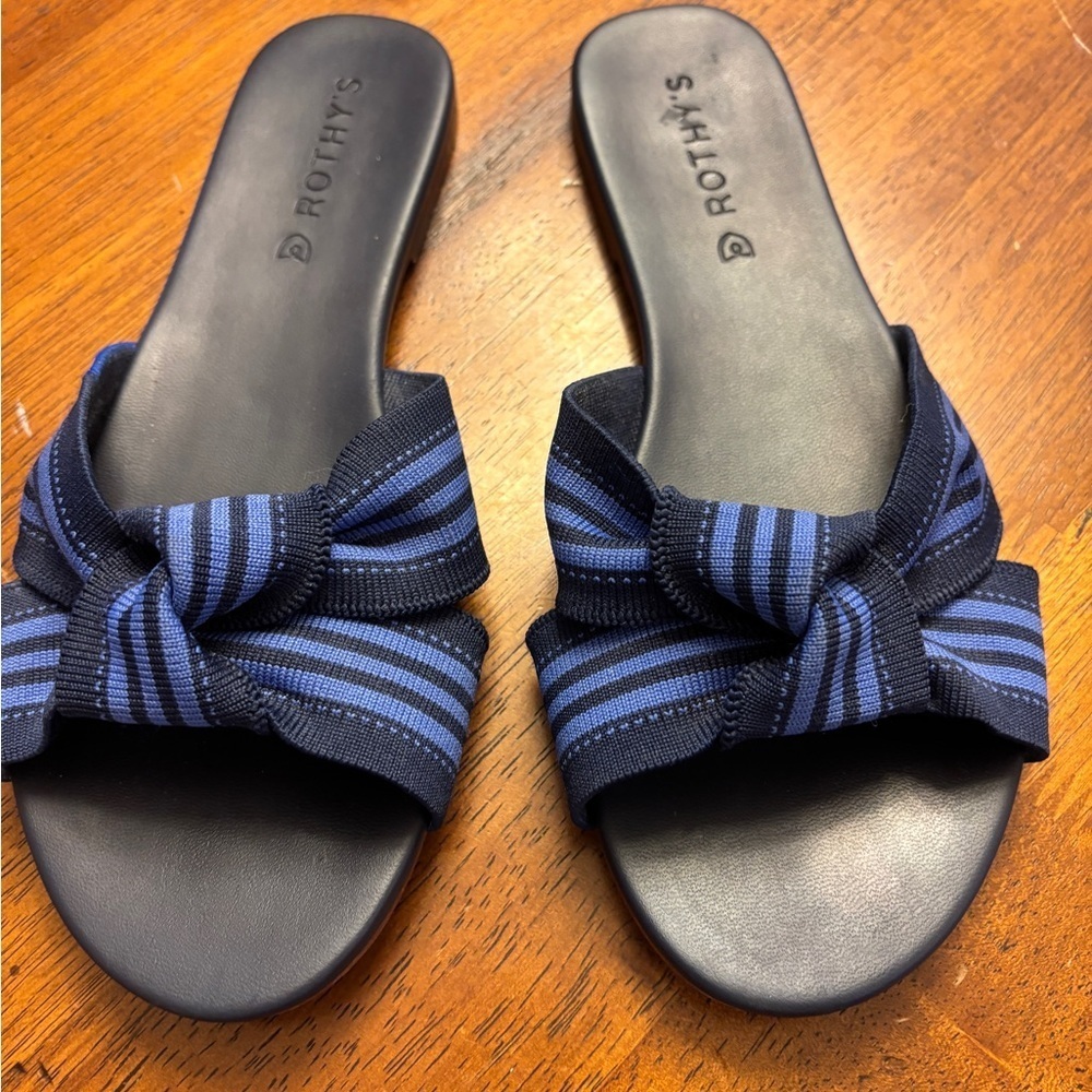 Rothy's Navy and Blue Striped Knot Slide Sandals
